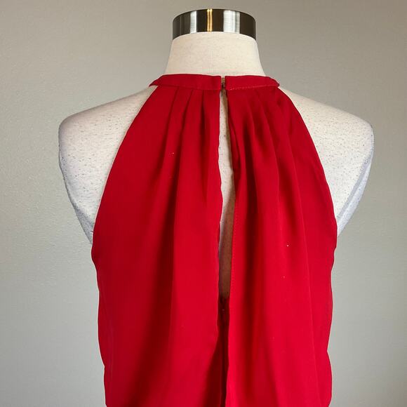 Xscape Red Chiffon Evening Gown Size 8 Cut Out Thigh Slit Ruffled Formal Dress - Picture 8 of 13